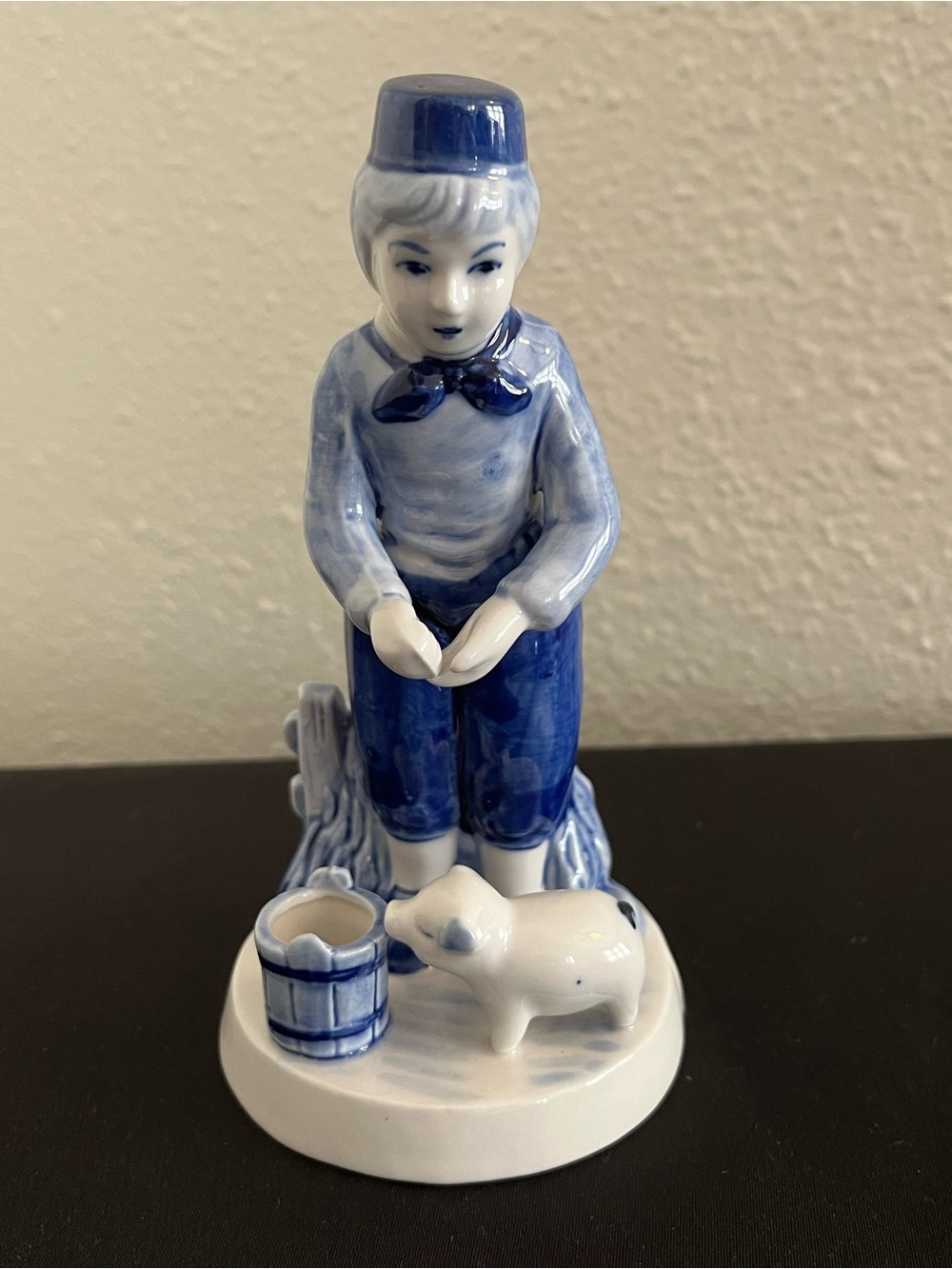 Vintage Hand-Painted Delft Blue and White Porcelain Farm Boy Figurine